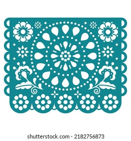 Papel Picado Vektor Garland-Design inspiriert von traditionellen Party-Schneiden Dekoration aus Mexiko mit Blumen. Traditionelle mexikanische Volkskunst mit floralem Motiv, Blättern und wirbeln auf türkisfarbenem Hintergrund