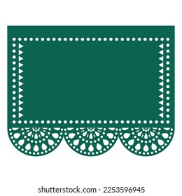 Papel Picado vector green template design with empty space for text nspired by traditional cut out fiesta decorations from Mexico. Mexican party background with flowers and geometric shapes