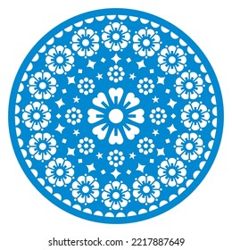 Papel Picado vector mandala design with floral and geometric pattern, blue Mexican fiesta garland paper decoration with cutout shapes. Traditional fiesta background inspired by folk art from Mexico 