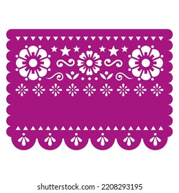 Papel Picado Vektor-Party-Template-Design mit Blumen, Sternen und Platz für Text, Retro mexikanische Papierschnitt-Muster, traditionelle Dekoration perfekt für Grußkarten oder Party-Dekoration. Volkskunst