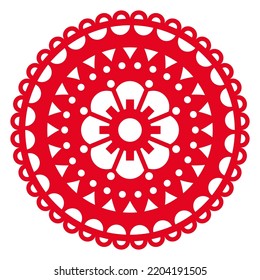 Papel Picado Vector Round Design With Floral And Geometric Mandala, Mexican Fiesta Garland Paper Decor With Cutout Shapes. Traditional Party Cutout Pattern Inspired By Folk Art From Mexico With Flower