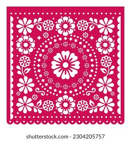 Papel Picado vector square design wit flowers, Mexican cutout paper garland decoration in pink on white background. Traditional party banner form Mexico, floral retro composition 
  
  