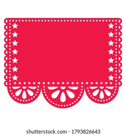 Papel Picado vector template design with empty space for text, red Mexican paper cut out decoration with flowers and geometric shapes - greeting card or weddding invitation. 