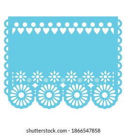 Papel Picado vector template design in aqua blue, Mexican cutout paper garland decoration with flowers and geometric shapes. Traditional banner form Mexico, floral retro composition isolated on white 