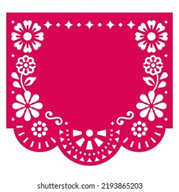 Papel Picado Vektor-Template-Design mit Blumen und geometrischen Formen, mexikanische Ausschnitt-Papier-Gartendekoration, Leerraum in der Mitte. Retro dekorative Fliesenhintergrundkollektion Mexikanische Volkskunst 