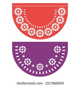 Papel Picado vector template design set of two party decorations, Mexican fiesta garland decor with flowers and empty space for text. Traditional cutout patterns inspired by folk art from Mexico 