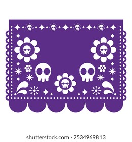 Papel Picado Vektor Vorlage Design mit Schädeln, Blumen und leeren Raum für den Test inspiriert von Party Girlande ausgeschnitten Dekorationen aus Mexiko. Nicht KI-generiert
