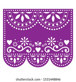 Papel Picado vector template with no text, floral purple design with abstract shapes, retro Mexican paper decorations pattern
  
Traditional fiesta banner, retro ornament form Mexico, cut out 