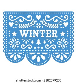 Papel Picado  winter vector design with snowflakes and pine trees - traditional paper cutout garland decoration from Mexico. Mexican folk art - greeting card or home decor in blue on white background
