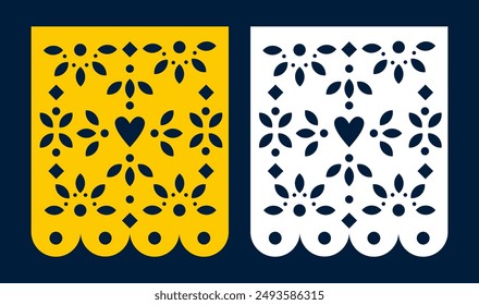 Papel picado. Yellow papel picado template. Sample of papel picado for Mexican festival