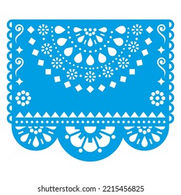 Papel vector design with geometric half mandala flowers and empty space for text, Mexican cutout paper garland decoration in blue on white background. Traditional party garland 