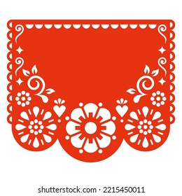 Papel vector template design with flowers and blank space for text, Mexican cutout paper garland decoration in red on white background. Traditional party banner form Mexico, floral decor