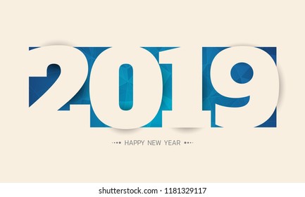 Paper 2019 Greetings card.2019 letter on blue abstract background. Colorful design. Vector illustration.Happy new 2019 year. 