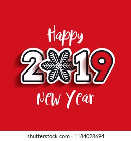 Paper 2019 text design with snowflake. Happy New Year lettering. Vector greeting illustration with white numbers on red background