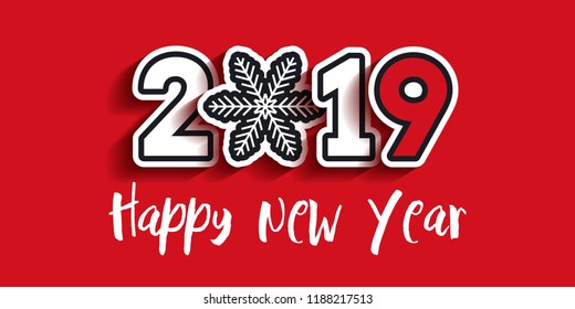Paper 2019 text design with snowflake. Happy New Year lettering. Vector greeting illustration with white numbers on red background