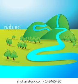 Paper 3D Green Field And Blue Sky Background - Vector Illustration, Graphic Design Useful For Your Design