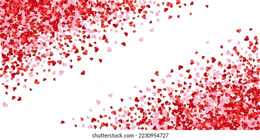 Paper 3D rosy heart shapes explosion vector background. Wedding decorative elements. Postcard backdrop. Random heart marriage signs on white.
