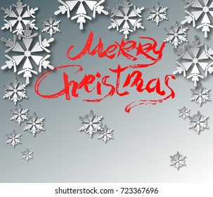 paper 3d snowflakes, red inscription, letering, brush - with Christmas. Vector.