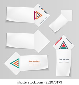 Paper 5 banners with 3 logo set. Paper labels for your text.  Ribbon, arrow for note. Stationery. Vector isolated. 10 eps.