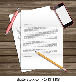 Paper A4, smart phone, pencil, pen on the wooden Background for your design. Vector eps 10