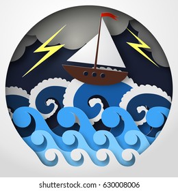 Paper abstract of ship against sea and thunderbolt in storm, concept art, vector illustration.