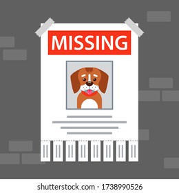 paper ad on the wall about the missing dog. flat vector illustration.