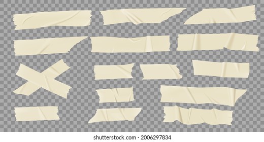 Paper adhesive tapes. Realistic masking tape pieces. Old wrinkled sticky strip, scotch with torn edges on transparent background vector set. Beige glued patches for cuts and damages