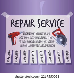 Paper advertisement about repair service flat style, vector illustration isolated on purple gradient background. Place for text, tear off, power tools, more info