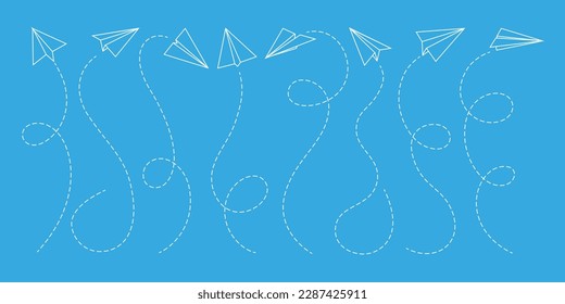 Paper aeroplane dotted white lines. Air transport, aviation travel and transportation business vector abstract sign. Creativity and leadership, idea concept or symbol with handmade origami toy plane