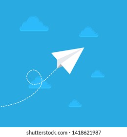 Paper aeroplane flying over clouds with flat design style. Paper airplane on blue background