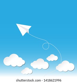 Paper aeroplane flying over clouds with flat design style. Paper airplane on blue background