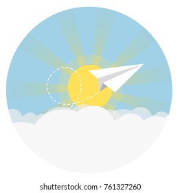 paper aeroplane flying over clouds with sun flat design icon 