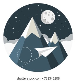 paper aeroplane flying over clouds with moon and mountains flat design icon 