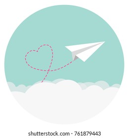 paper aeroplane flying over clouds with heart flat design icon 