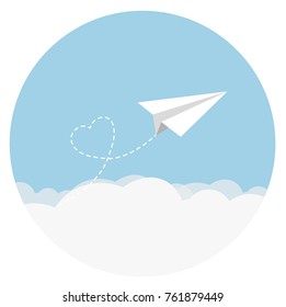 paper aeroplane flying over clouds with heart flat design icon 