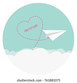 paper aeroplane flying over clouds with heart flat design icon 