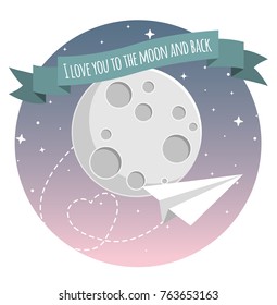 paper aeroplane flying over clouds to the moon with heart flat design icon 