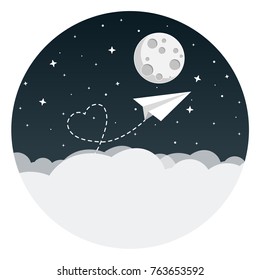 paper aeroplane flying over clouds to the moon with heart flat design icon 