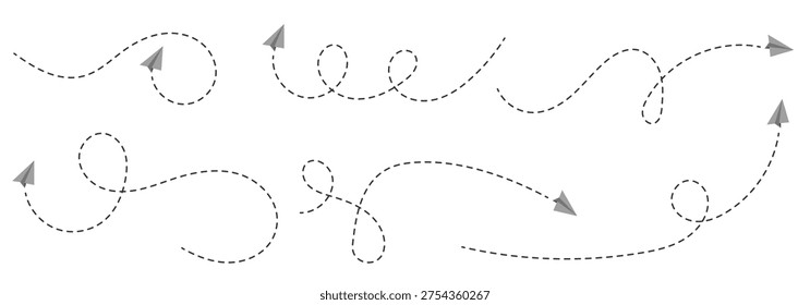  Paper aeroplane icon with flight path. Doodle vector illustration of a flying origami plane. Concept of sending messages, travel, freedom, and startup vector illustration on a white background. Paper airplane flying with a dashed path hand-drawn doodle aeroplane. flight path icon collection. paper areoplane route.  Paper areoplane with dotted flight path isolated on a white background.