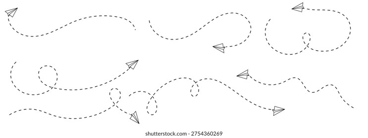  Paper aeroplane icon with flight path. Doodle vector illustration of a flying origami plane. Concept of sending messages, travel, freedom, and startup vector illustration on a white background. Paper airplane flying with a dashed path hand-drawn doodle aeroplane. flight path icon collection. paper areoplane route.  Paper areoplane with dotted flight path isolated on a white background.