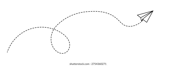  Paper aeroplane icon with flight path. Doodle vector illustration of a flying origami plane. Concept of sending messages, travel, freedom, and startup vector illustration on a white background. Paper airplane flying with a dashed path hand-drawn doodle aeroplane. flight path icon collection. paper areoplane route.  Paper areoplane with dotted flight path isolated on a white background.