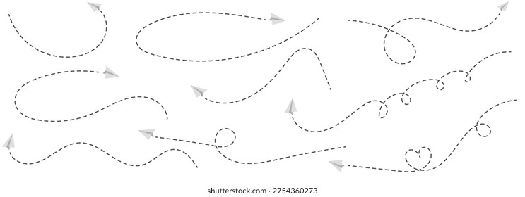  Paper aeroplane icon with flight path. Doodle vector illustration of a flying origami plane. Concept of sending messages, travel, freedom, and startup vector illustration on a white background. Paper airplane flying with a dashed path hand-drawn doodle aeroplane. flight path icon collection. paper areoplane route.  Paper areoplane with dotted flight path isolated on a white background.