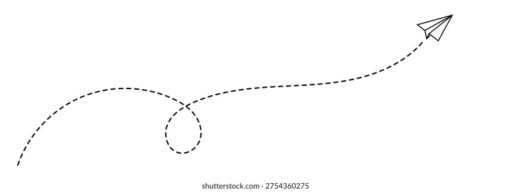  Paper aeroplane icon with flight path. Doodle vector illustration of a flying origami plane. Concept of sending messages, travel, freedom, and startup vector illustration on a white background. Paper airplane flying with a dashed path hand-drawn doodle aeroplane. flight path icon collection. paper areoplane route.  Paper areoplane with dotted flight path isolated on a white background.