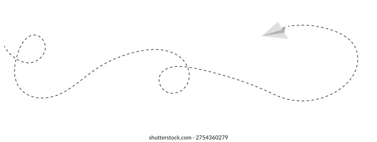  Paper aeroplane icon with flight path. Doodle vector illustration of a flying origami plane. Concept of sending messages, travel, freedom, and startup vector illustration on a white background. Paper airplane flying with a dashed path hand-drawn doodle aeroplane. flight path icon collection. paper areoplane route.  Paper areoplane with dotted flight path isolated on a white background.