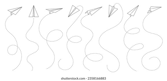 Paper aeroplane lines. Creativity and leadership, business idea and freedom, Startup launch vector concept. Air transport or airline transportation line symbol with handmade origami toy aeroplane