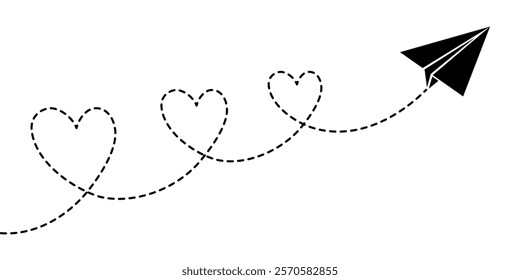 Paper aeroplane. Aeroplane route in the shape of three hearts dashed line. Concept of travelling. Elements for design for Valentine's Day, Women's Day. Symbol of love.