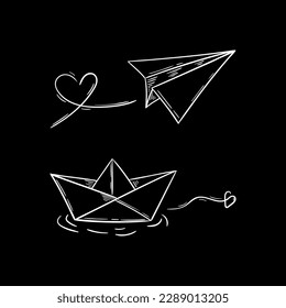 Paper air plane and boat with love heart line icon. Travel route symbol. Cute minimal doodle drawing illustration