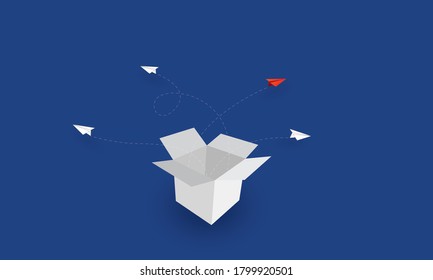 Paper air plane flying from the box, Think out of the box, Business concept 