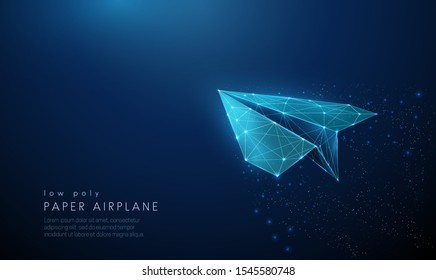 Paper air plane. Low poly style design. Abstract geometric background. Wireframe light connection structure. Modern 3d graphic concept. Isolated vector illustration.