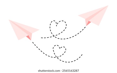 Paper air planes flying. Romantic heart dashed trace paper planes flight route. Romantic symbol. Valentine's day element. Flat Vector illustration isolated on white background 